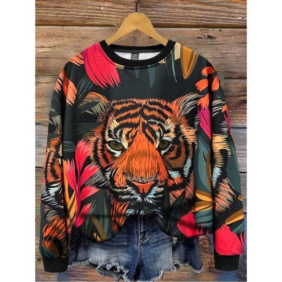 Women's Tiger Bamboo Leaf Print Long Sleeve Top Sweatshirt - Picture 8 of 8